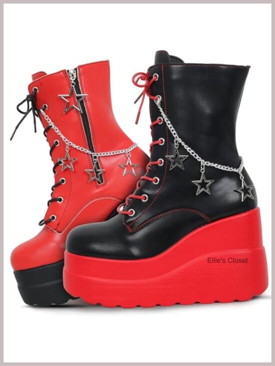 Shoes - Platform Chunky Heel Ankle Booties with Side Zip Lace Up Wedge Boots